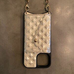 Bandolier iPhone 12 or 13 Mini Case With Card Holder Pouch Gold Crossbody Strap